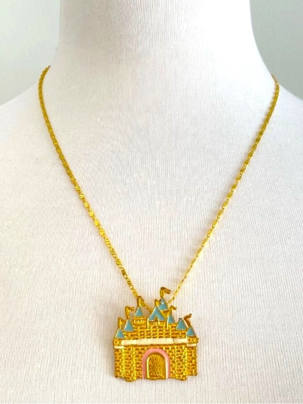 Y2K Gold Tone Princess Castle Pendant Necklace With Blue & Pink Enamel Design